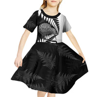 New Zealand Silver Fern Curling Personalised Kid Short Sleeve Dress Aotearoa Kiwi Ponga Black White Version LT14 - Polynesian Pride