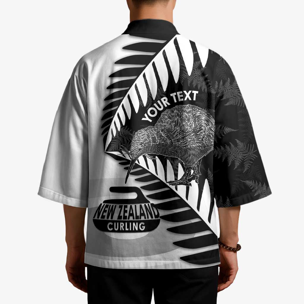 New Zealand Silver Fern Curling Personalised Kimono Aotearoa Kiwi Ponga Black White Version - Polynesian Pride
