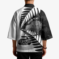 New Zealand Silver Fern Curling Personalised Kimono Aotearoa Kiwi Ponga Black White Version - Polynesian Pride