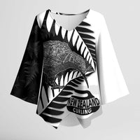New Zealand Silver Fern Curling Personalised Kimono Sleeve Blouse Aotearoa Kiwi Ponga Black White Version - Polynesian Pride