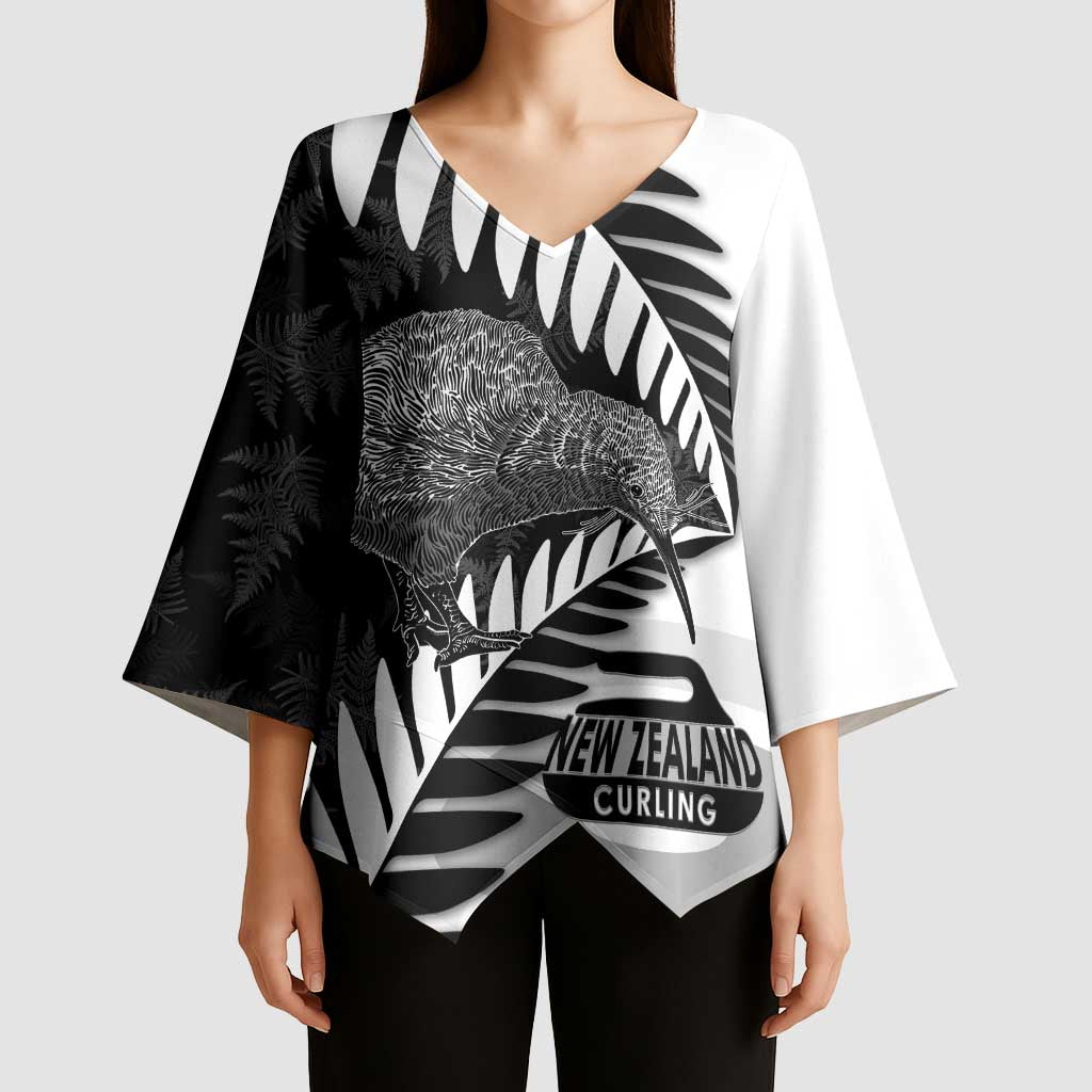 New Zealand Silver Fern Curling Personalised Kimono Sleeve Blouse Aotearoa Kiwi Ponga Black White Version - Polynesian Pride