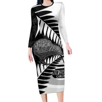New Zealand Silver Fern Curling Personalised Long Sleeve Bodycon Dress Aotearoa Kiwi Ponga Black White Version LT14 Long Dress Black - Polynesian Pride