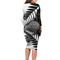 New Zealand Silver Fern Curling Personalised Long Sleeve Bodycon Dress Aotearoa Kiwi Ponga Black White Version LT14 - Polynesian Pride