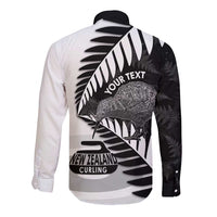 New Zealand Silver Fern Curling Personalised Long Sleeve Button Shirt Aotearoa Kiwi Ponga Black White Version - Polynesian Pride