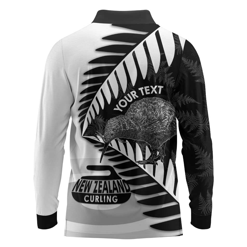 New Zealand Silver Fern Curling Personalised Long Sleeve Polo Shirt Aotearoa Kiwi Ponga Black White Version LT14 - Polynesian Pride