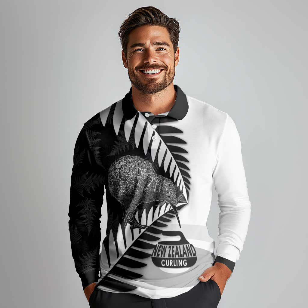 New Zealand Silver Fern Curling Personalised Long Sleeve Polo Shirt Aotearoa Kiwi Ponga Black White Version LT14 - Polynesian Pride