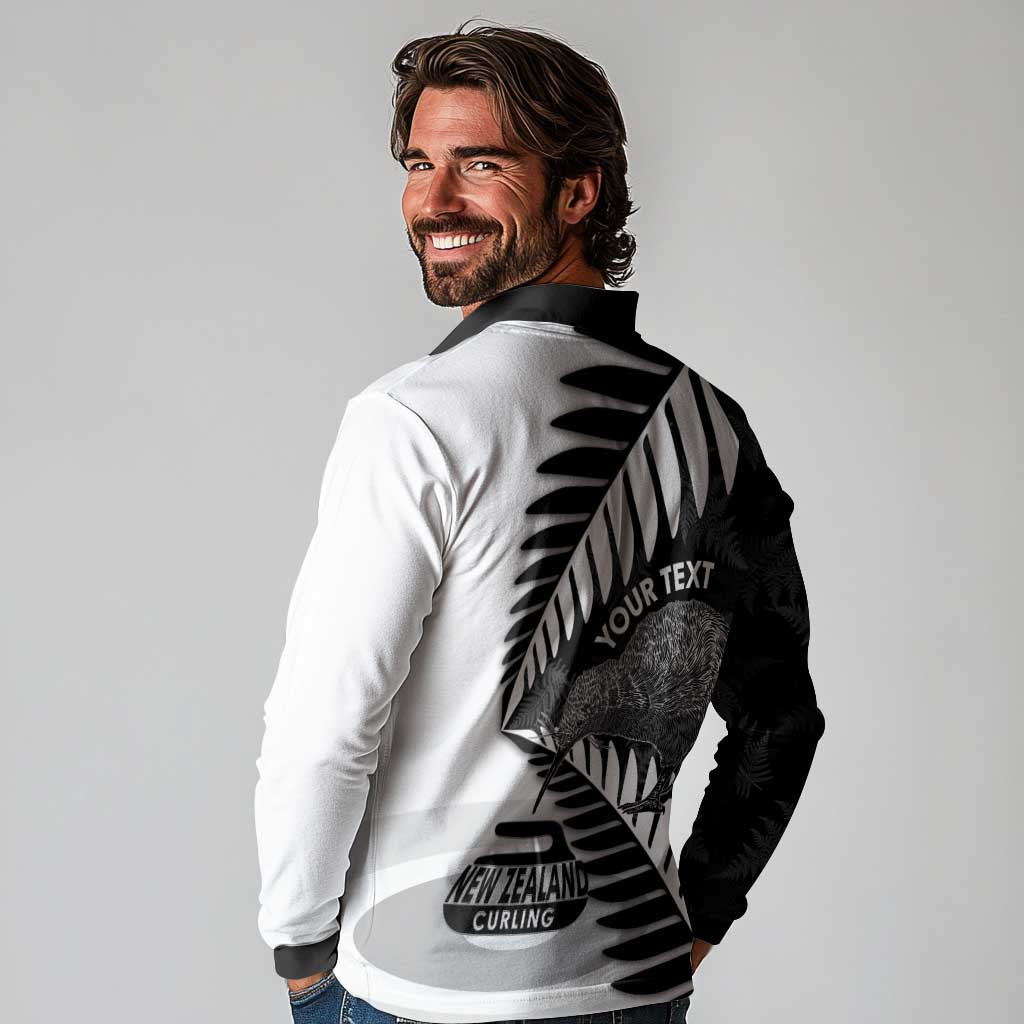 New Zealand Silver Fern Curling Personalised Long Sleeve Polo Shirt Aotearoa Kiwi Ponga Black White Version LT14 - Polynesian Pride