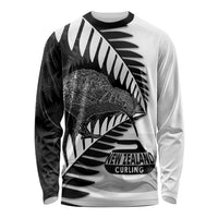 New Zealand Silver Fern Curling Personalised Long Sleeve Shirt Aotearoa Kiwi Ponga Black White Version - Polynesian Pride