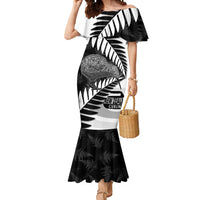 New Zealand Silver Fern Curling Personalised Mermaid Dress Aotearoa Kiwi Ponga Black White Version LT14 Women Black - Polynesian Pride