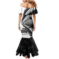 New Zealand Silver Fern Curling Personalised Mermaid Dress Aotearoa Kiwi Ponga Black White Version LT14 - Polynesian Pride
