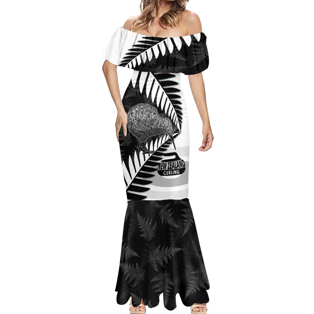 New Zealand Silver Fern Curling Personalised Mermaid Dress Aotearoa Kiwi Ponga Black White Version LT14 - Polynesian Pride