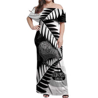 New Zealand Silver Fern Curling Personalised Off Shoulder Maxi Dress Aotearoa Kiwi Ponga Black White Version LT14 Women Black - Polynesian Pride