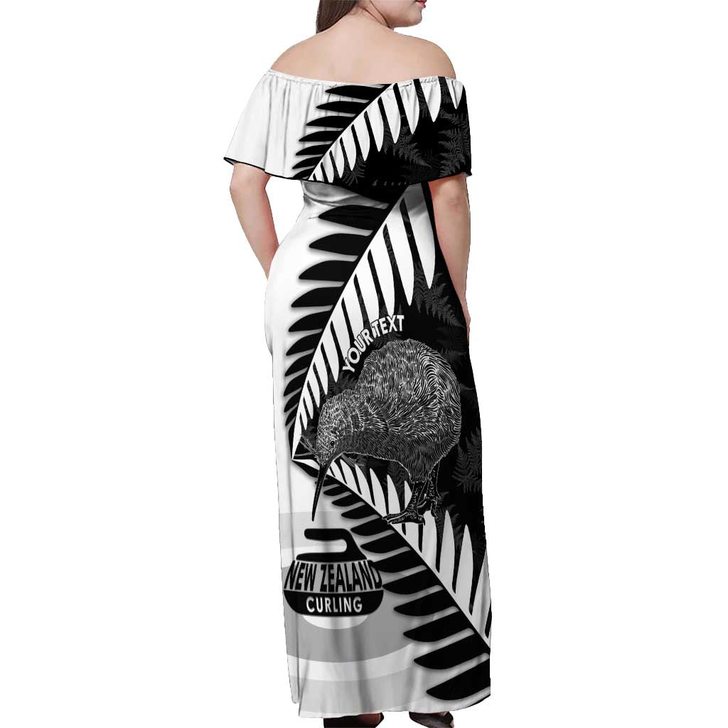 New Zealand Silver Fern Curling Personalised Off Shoulder Maxi Dress Aotearoa Kiwi Ponga Black White Version LT14 - Polynesian Pride