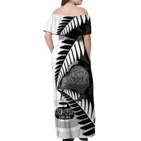 New Zealand Silver Fern Curling Personalised Off Shoulder Maxi Dress Aotearoa Kiwi Ponga Black White Version LT14 - Polynesian Pride