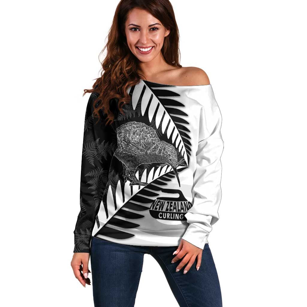 New Zealand Silver Fern Curling Personalised Off Shoulder Sweater Aotearoa Kiwi Ponga Black White Version - Polynesian Pride