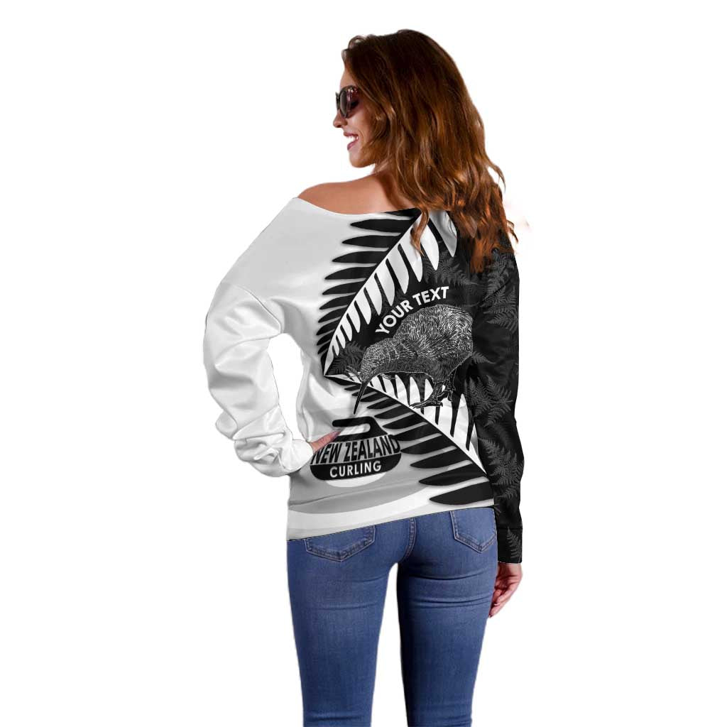 New Zealand Silver Fern Curling Personalised Off Shoulder Sweater Aotearoa Kiwi Ponga Black White Version - Polynesian Pride