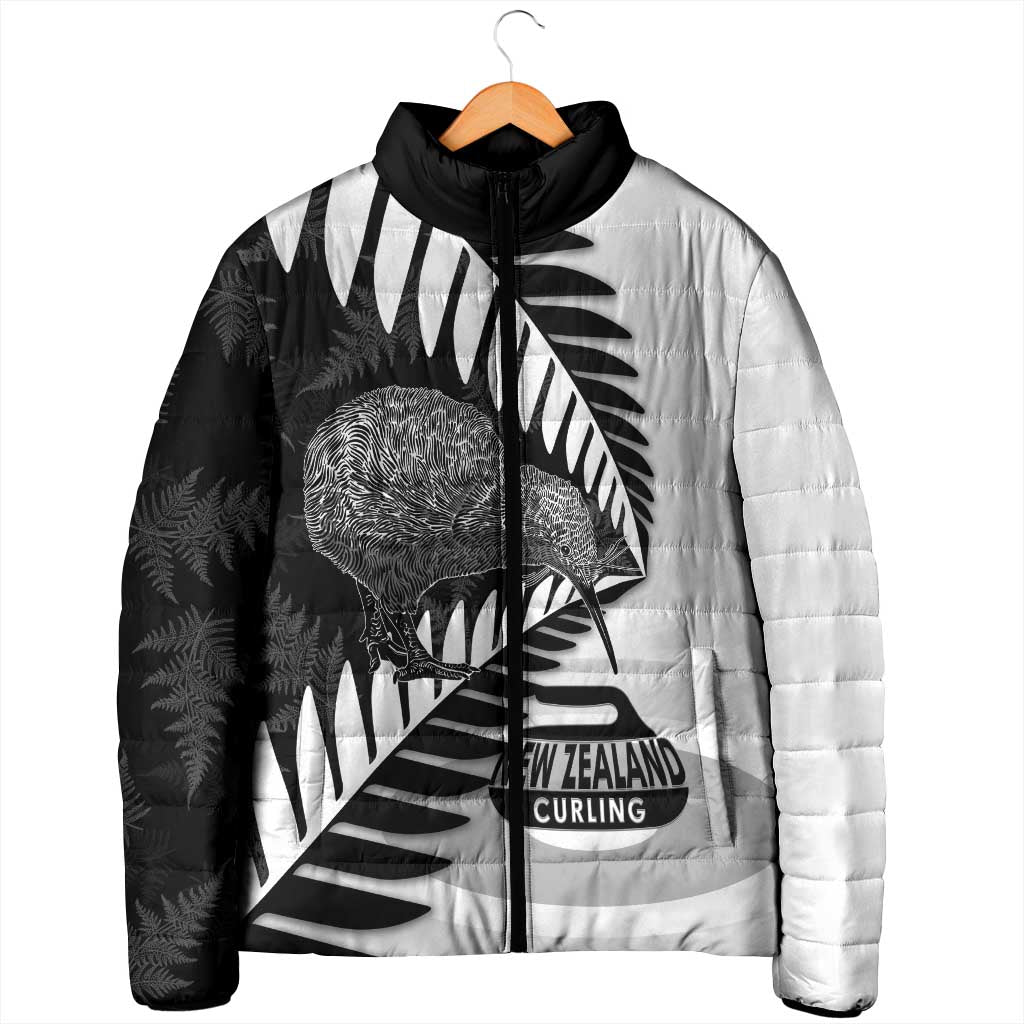 New Zealand Silver Fern Curling Personalised Padded Jacket Aotearoa Kiwi Ponga Black White Version - Polynesian Pride