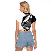 New Zealand Silver Fern Curling Personalised Raglan Cropped T Shirt Aotearoa Kiwi Ponga Black White Version LT14 - Polynesian Pride