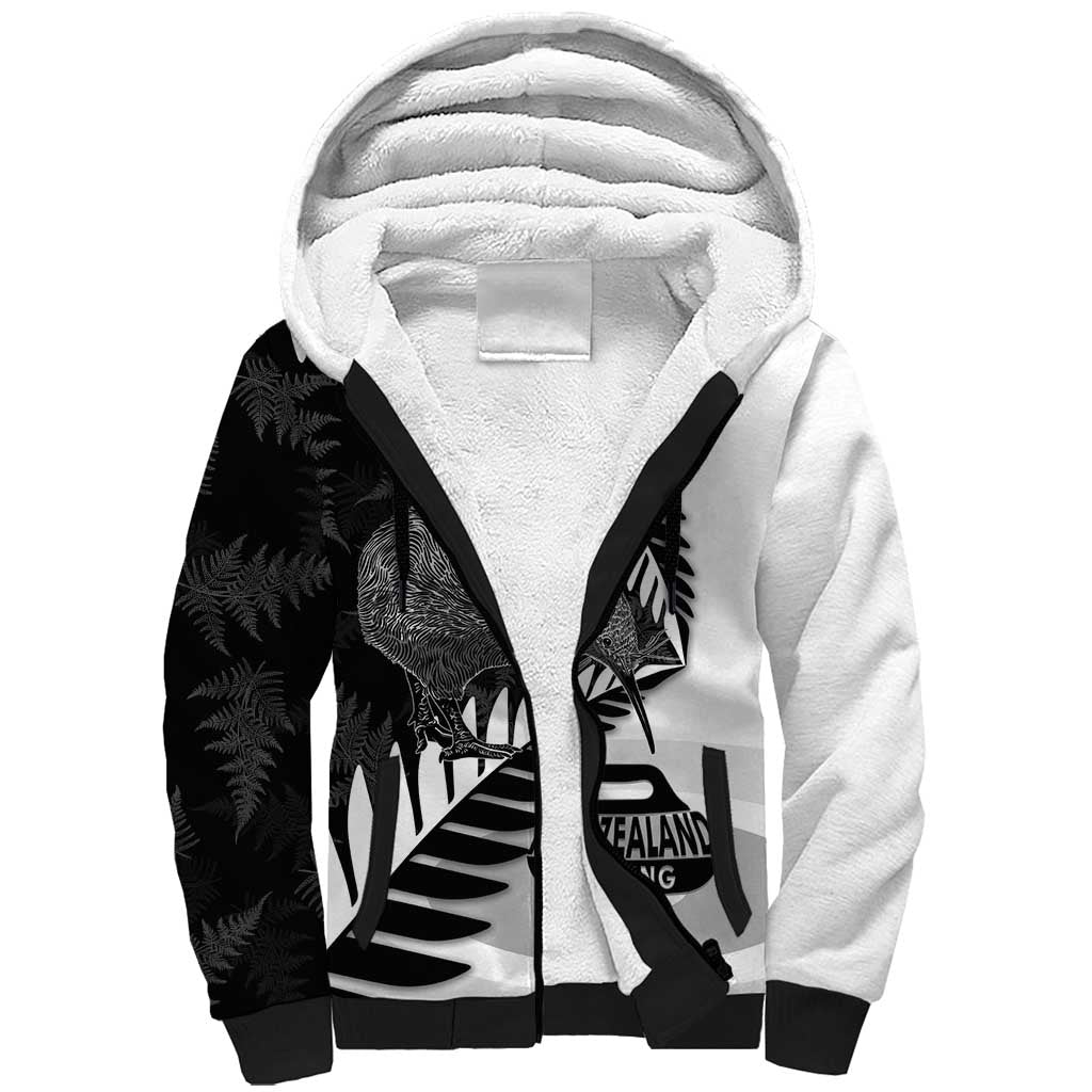 New Zealand Silver Fern Curling Personalised Sherpa Hoodie Aotearoa Kiwi Ponga Black White Version LT14 Unisex Black - Polynesian Pride