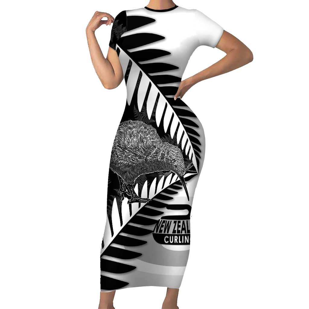 New Zealand Silver Fern Curling Personalised Short Sleeve Bodycon Dress Aotearoa Kiwi Ponga Black White Version LT14 Long Dress Black - Polynesian Pride