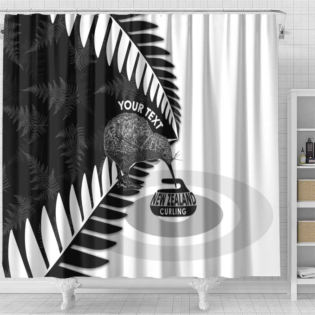 New Zealand Silver Fern Curling Personalised Shower Curtain Aotearoa Kiwi Ponga Black White Version - Polynesian Pride