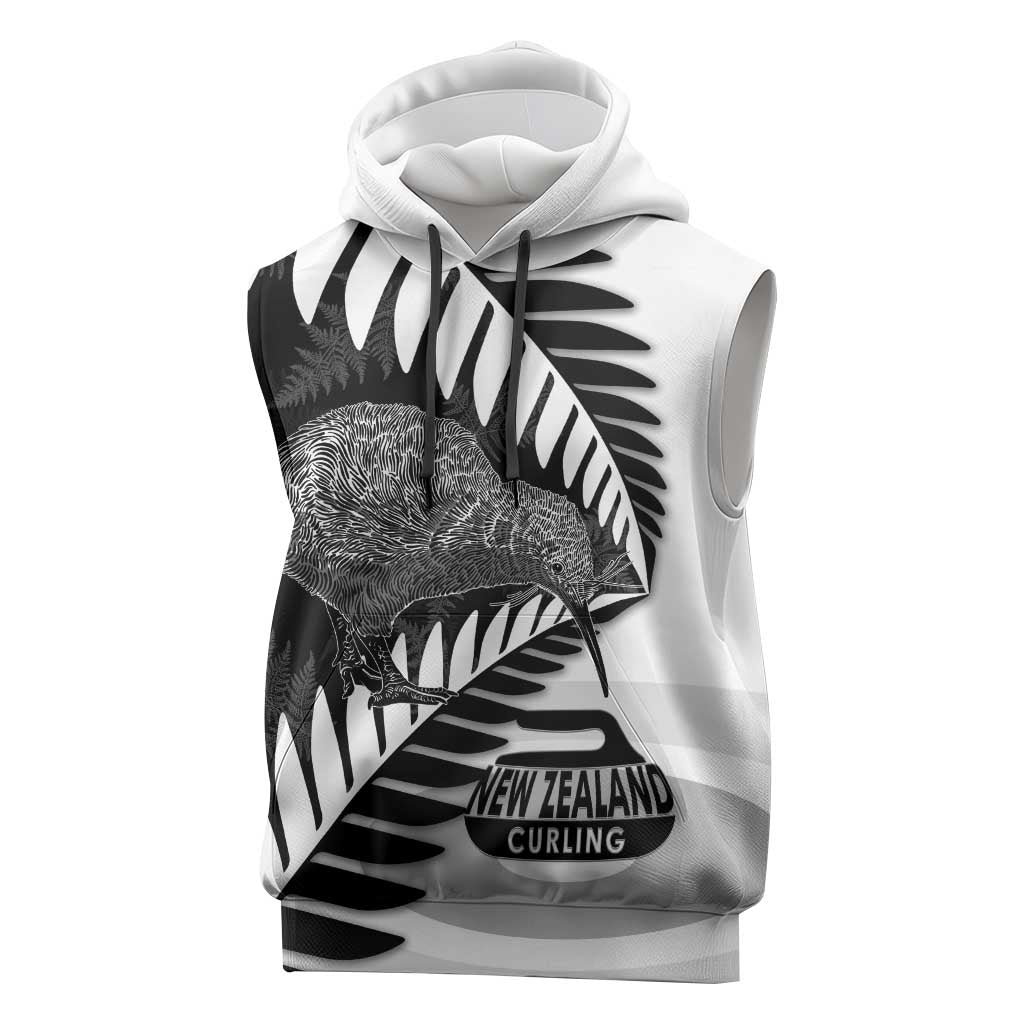 New Zealand Silver Fern Curling Personalised Sleeveless Hoodie Aotearoa Kiwi Ponga Black White Version LT14 Black - Polynesian Pride