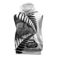 New Zealand Silver Fern Curling Personalised Sleeveless Hoodie Aotearoa Kiwi Ponga Black White Version LT14 Black - Polynesian Pride