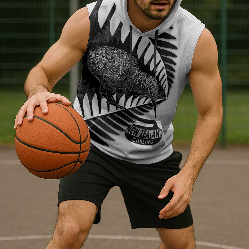 New Zealand Silver Fern Curling Personalised Sleeveless Hoodie Aotearoa Kiwi Ponga Black White Version LT14 - Polynesian Pride