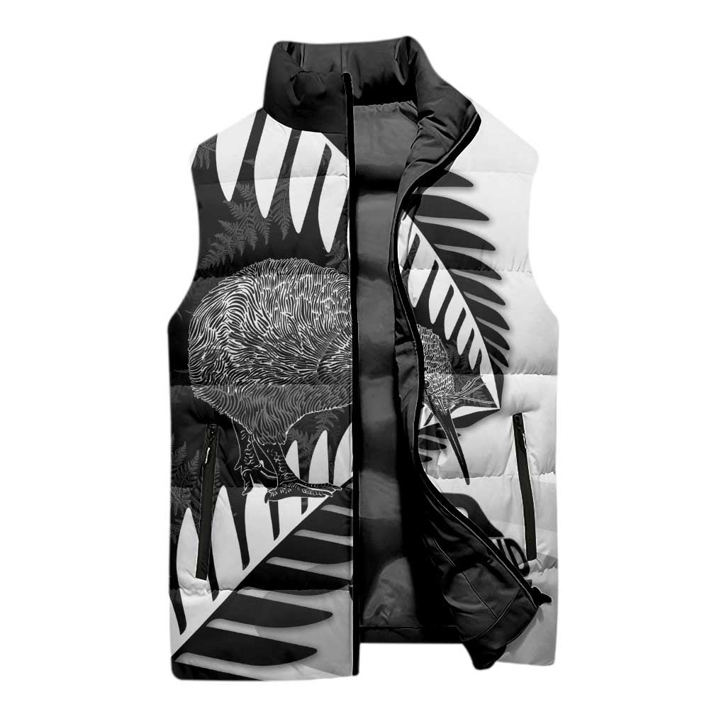 New Zealand Silver Fern Curling Personalised Sleeveless Puffer Jacket Aotearoa Kiwi Ponga Black White Version - Polynesian Pride