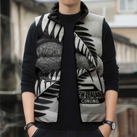 New Zealand Silver Fern Curling Personalised Sleeveless Puffer Jacket Aotearoa Kiwi Ponga Black White Version - Polynesian Pride