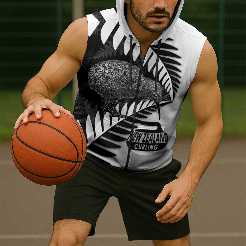 New Zealand Silver Fern Curling Personalised Sleeveless Zip Hoodie Aotearoa Kiwi Ponga Black White Version LT14 - Polynesian Pride