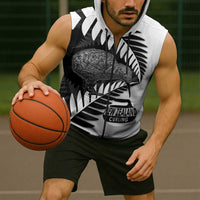 New Zealand Silver Fern Curling Personalised Sleeveless Zip Hoodie Aotearoa Kiwi Ponga Black White Version LT14 - Polynesian Pride