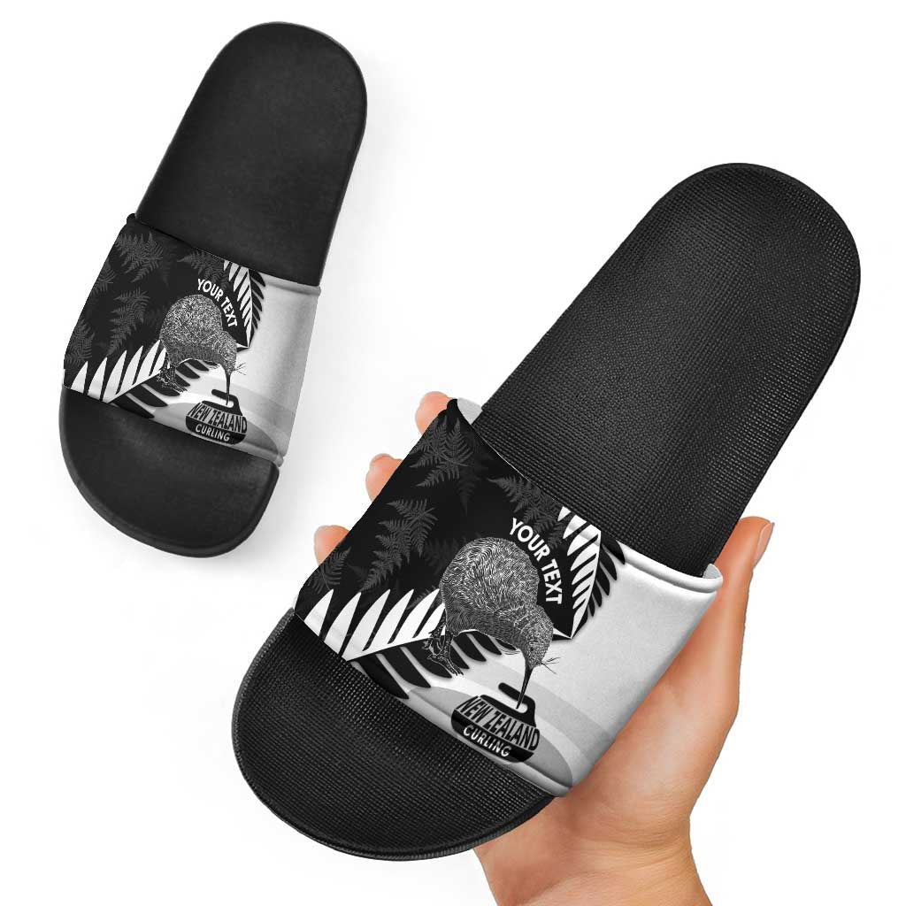 New Zealand Silver Fern Curling Personalised Slide Sandals Aotearoa Kiwi Ponga Black White Version - Polynesian Pride