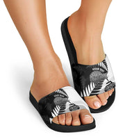 New Zealand Silver Fern Curling Personalised Slide Sandals Aotearoa Kiwi Ponga Black White Version - Polynesian Pride