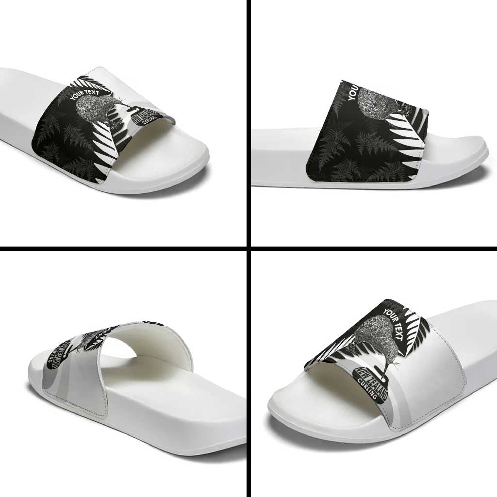 New Zealand Silver Fern Curling Personalised Slide Sandals Aotearoa Kiwi Ponga Black White Version - Polynesian Pride