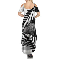 New Zealand Silver Fern Curling Personalised Summer Maxi Dress Aotearoa Kiwi Ponga Black White Version LT14 - Polynesian Pride