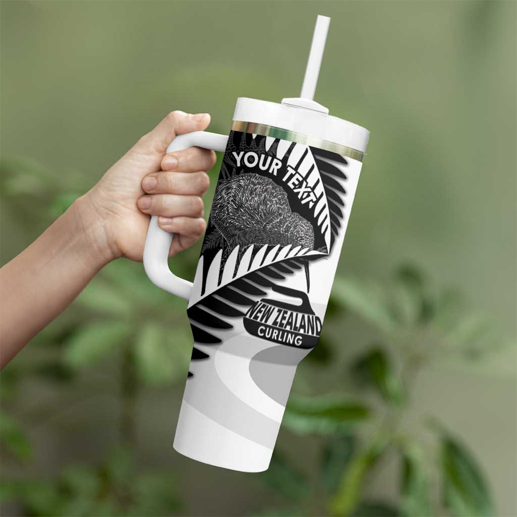 New Zealand Silver Fern Curling Personalised Tumbler With Handle Aotearoa Kiwi Ponga Black White Version - Polynesian Pride