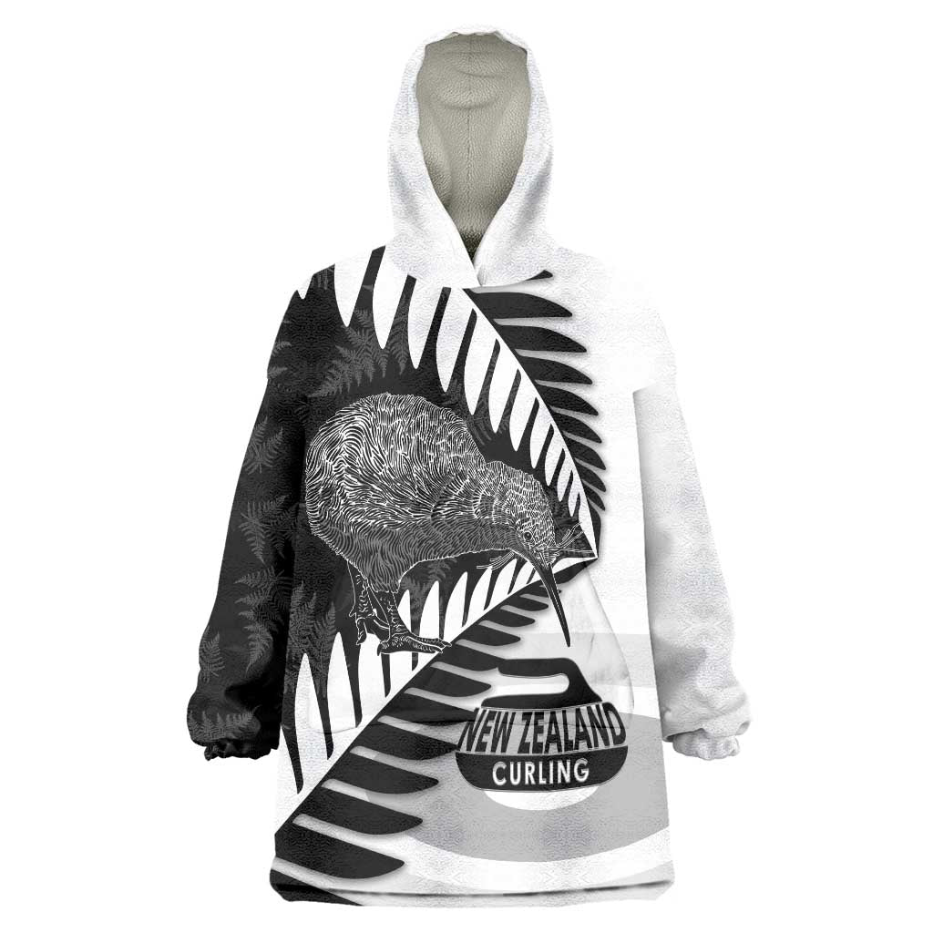 New Zealand Silver Fern Curling Personalised Wearable Blanket Hoodie Aotearoa Kiwi Ponga Black White Version LT14 One Size Black - Polynesian Pride