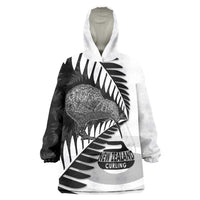 New Zealand Silver Fern Curling Personalised Wearable Blanket Hoodie Aotearoa Kiwi Ponga Black White Version LT14 One Size Black - Polynesian Pride