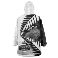 New Zealand Silver Fern Curling Personalised Wearable Blanket Hoodie Aotearoa Kiwi Ponga Black White Version LT14 - Polynesian Pride