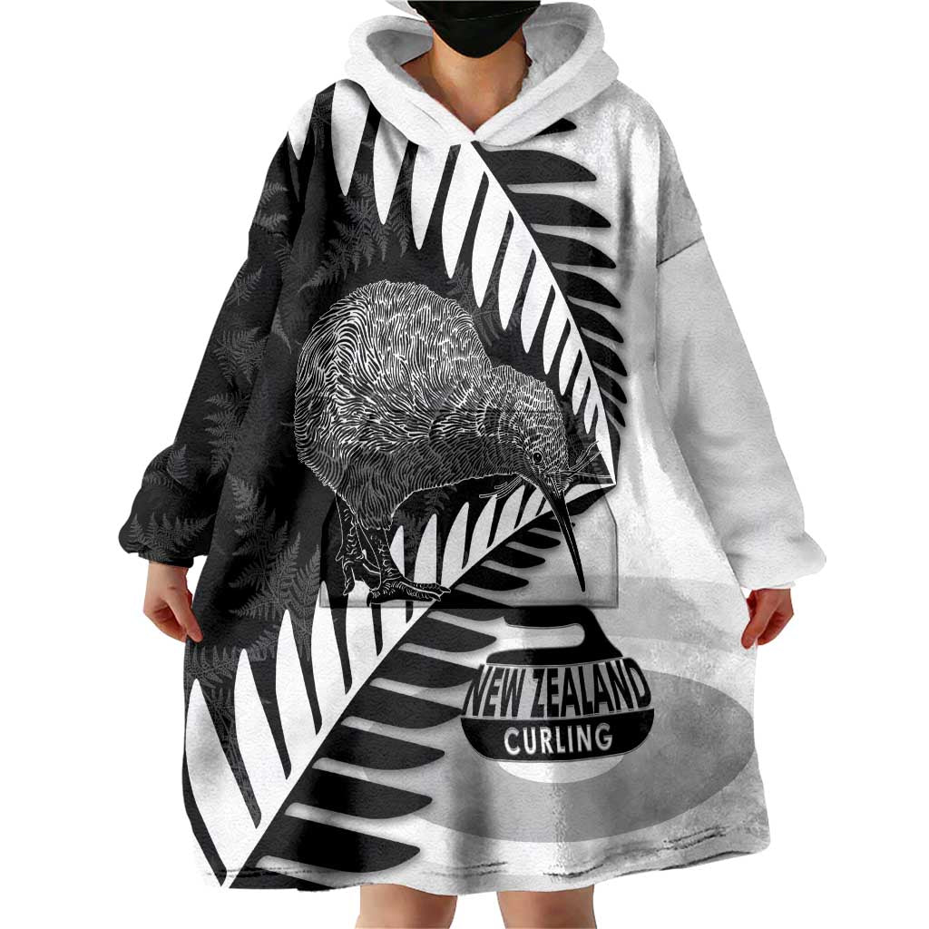 New Zealand Silver Fern Curling Personalised Wearable Blanket Hoodie Aotearoa Kiwi Ponga Black White Version LT14 - Polynesian Pride