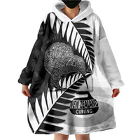New Zealand Silver Fern Curling Personalised Wearable Blanket Hoodie Aotearoa Kiwi Ponga Black White Version LT14 - Polynesian Pride