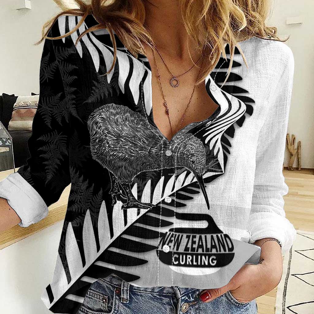 New Zealand Silver Fern Curling Personalised Women Casual Shirt Aotearoa Kiwi Ponga Black White Version LT14 Female Black - Polynesian Pride