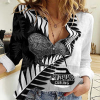 New Zealand Silver Fern Curling Personalised Women Casual Shirt Aotearoa Kiwi Ponga Black White Version LT14 Female Black - Polynesian Pride