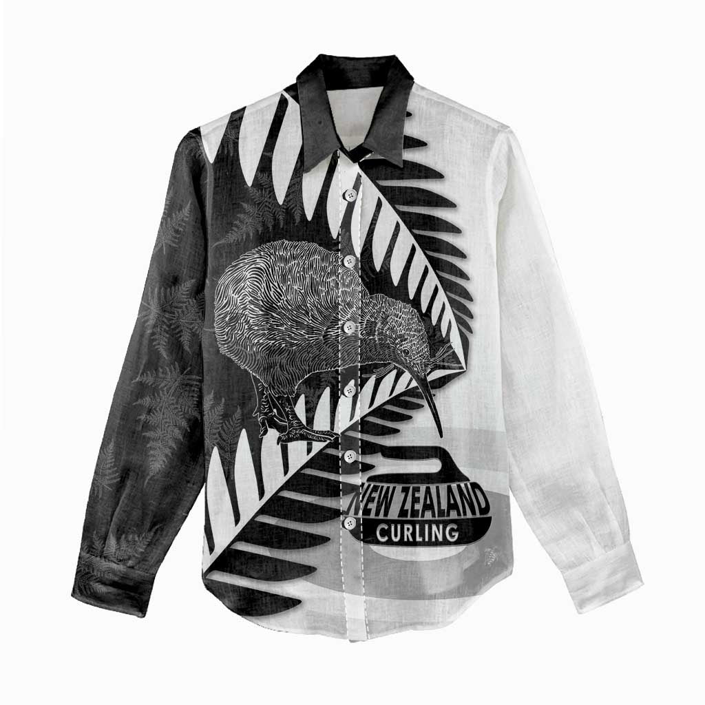 New Zealand Silver Fern Curling Personalised Women Casual Shirt Aotearoa Kiwi Ponga Black White Version LT14 - Polynesian Pride