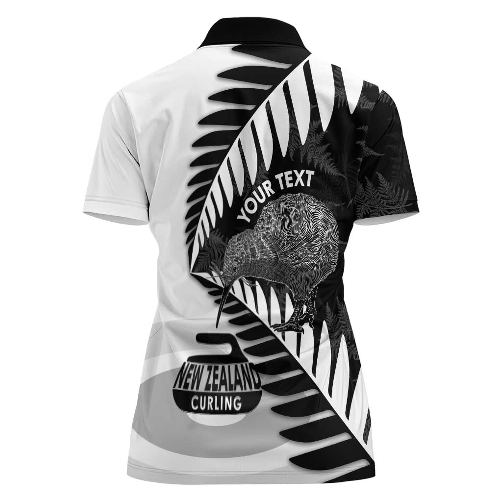New Zealand Silver Fern Curling Personalised Women Polo Shirt Aotearoa Kiwi Ponga Black White Version LT14 - Polynesian Pride