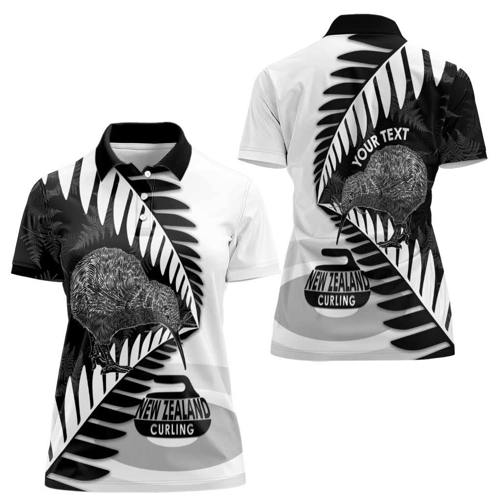 New Zealand Silver Fern Curling Personalised Women Polo Shirt Aotearoa Kiwi Ponga Black White Version LT14 - Polynesian Pride