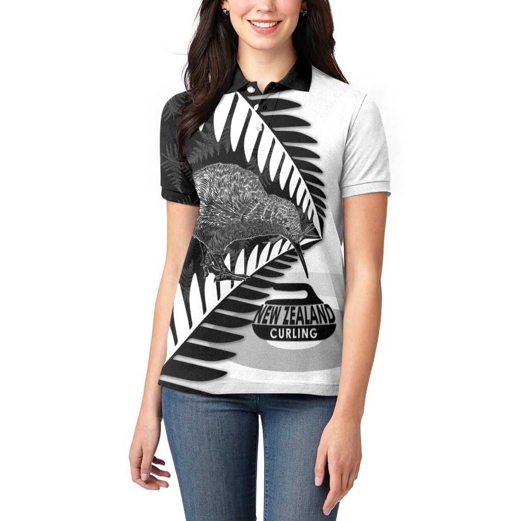 New Zealand Silver Fern Curling Personalised Women Polo Shirt Aotearoa Kiwi Ponga Black White Version LT14 - Polynesian Pride