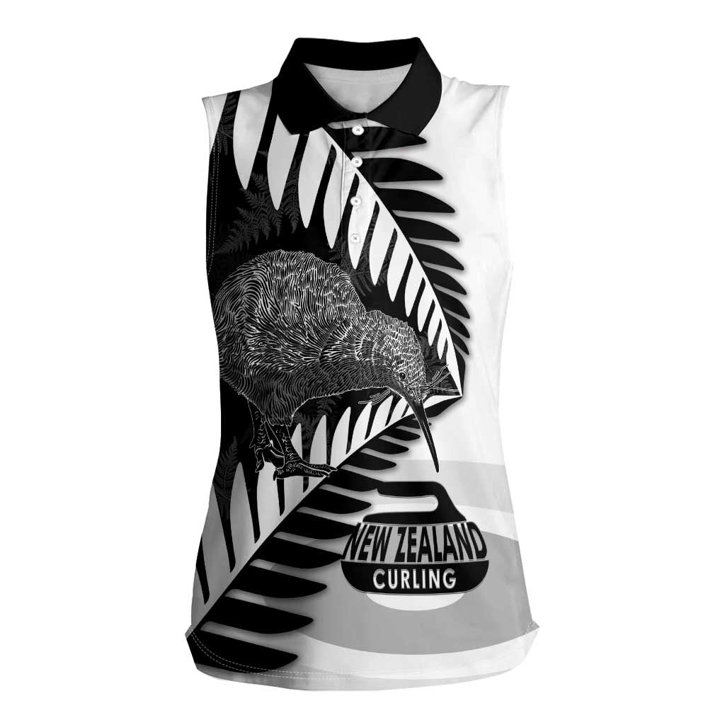 New Zealand Silver Fern Curling Personalised Women Sleeveless Polo Shirt Aotearoa Kiwi Ponga Black White Version LT14 Female Black - Polynesian Pride