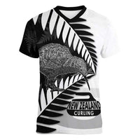 New Zealand Silver Fern Curling Personalised Women V-Neck T-Shirt Aotearoa Kiwi Ponga Black White Version LT14 Female Black - Polynesian Pride